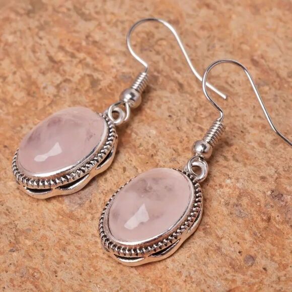 Oval Pink Rose Quartz Stone Silver Dangle Drop Earrings Vintage Style Textured - Picture 4 of 6